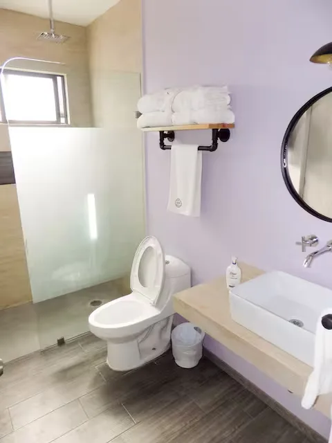 Baño del apartamento boutique Suites 509, Pachuca: regadera tipo lluvia, pared lavanda y toallas blancas