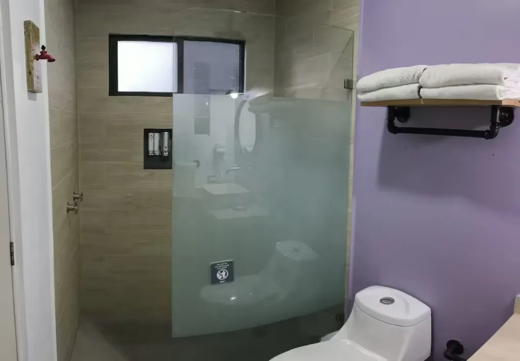Regadera con vidrio esmerilado en apartamento boutique Suites 509, Pachuca — baño moderno para 4 huéspedes