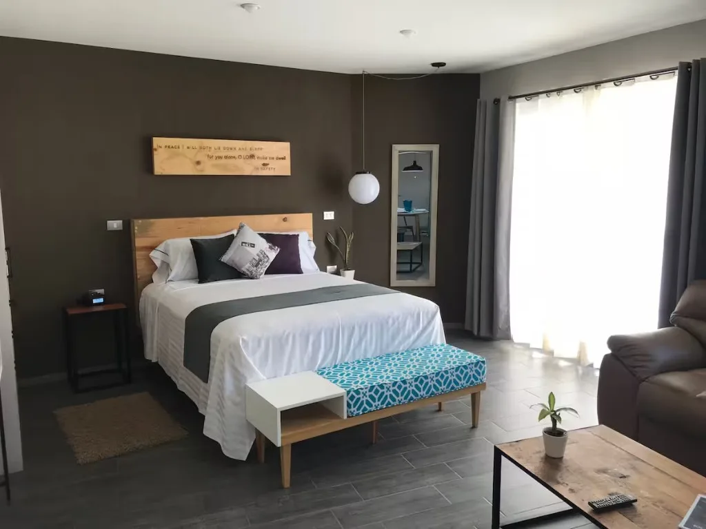 Recámara y sala de Suite Terraza Suites 509, Pachuca: cama queen, sofá de piel y luz natural de ventanales